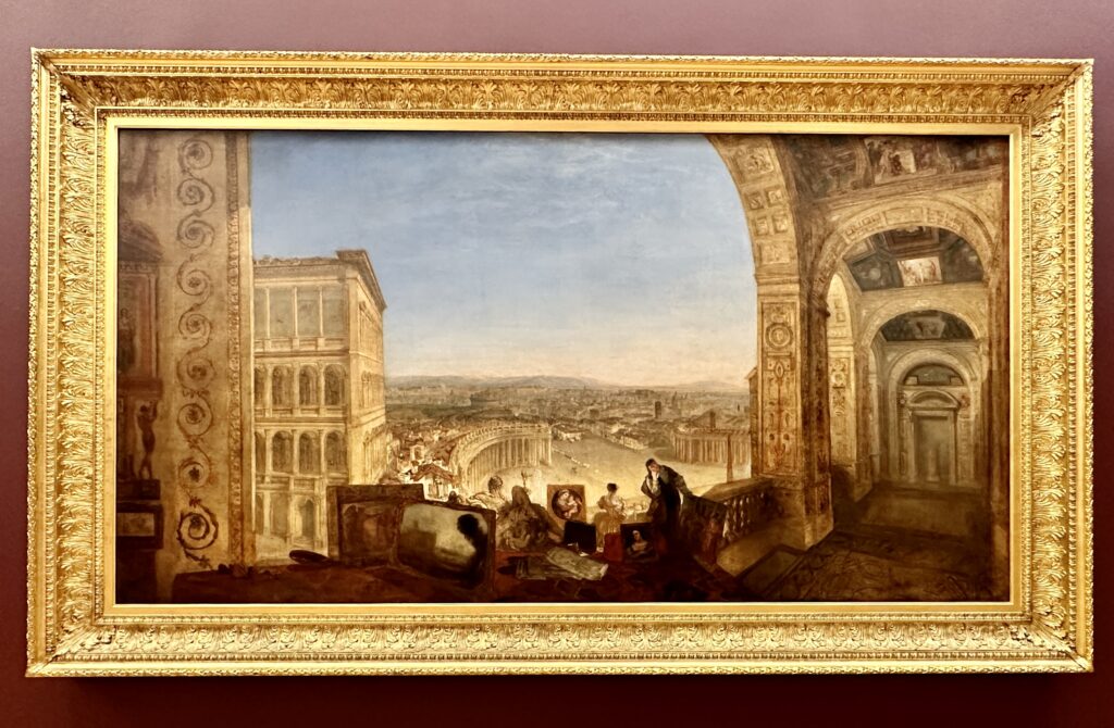 JMW Turner 1755-1851 Rome, from the Vatican. Raffael Accompanied by La Fornarina, Preparing his Pictures for the Decoration of the Loggia. exhibited 1820 Oil paint on canvas - Erika Brown Tour Guide