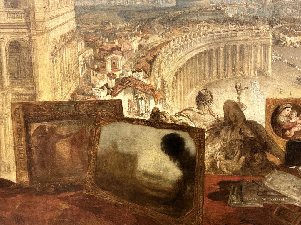 JMW Turner 1755-1851 Rome, from the Vatican. Raffael Accompanied by La Fornarina, Preparing his Pictures for the Decoration of the Loggia. exhibited 1820 Oil paint on canvas - Erika Brown Tour Guide