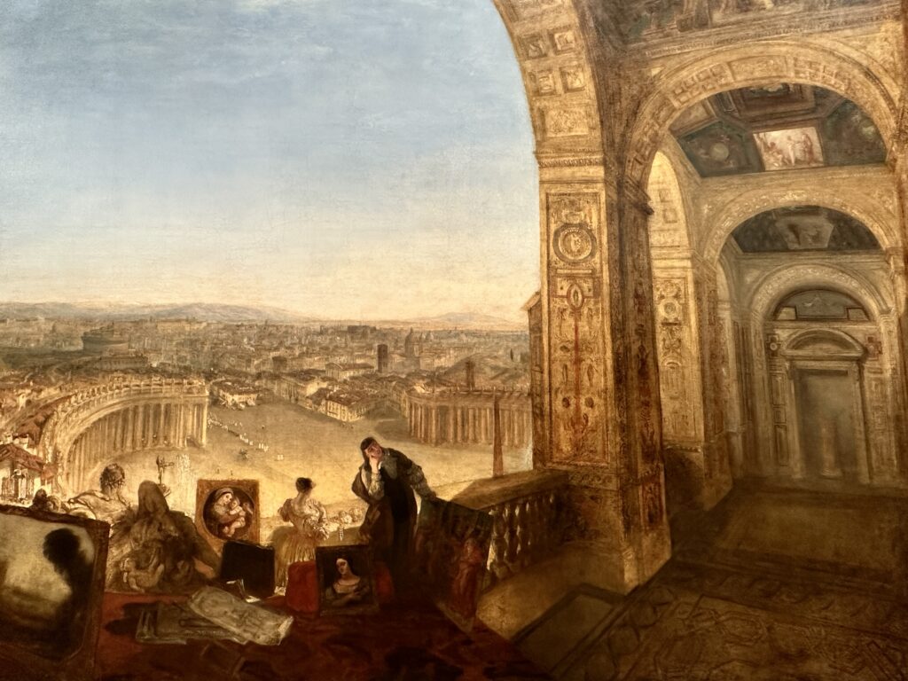 JMW Turner 1755-1851 Rome, from the Vatican. Raffael Accompanied by La Fornarina, Preparing his Pictures for the Decoration of the Loggia. exhibited 1820 Oil paint on canvas - Erika Brown Tour Guide